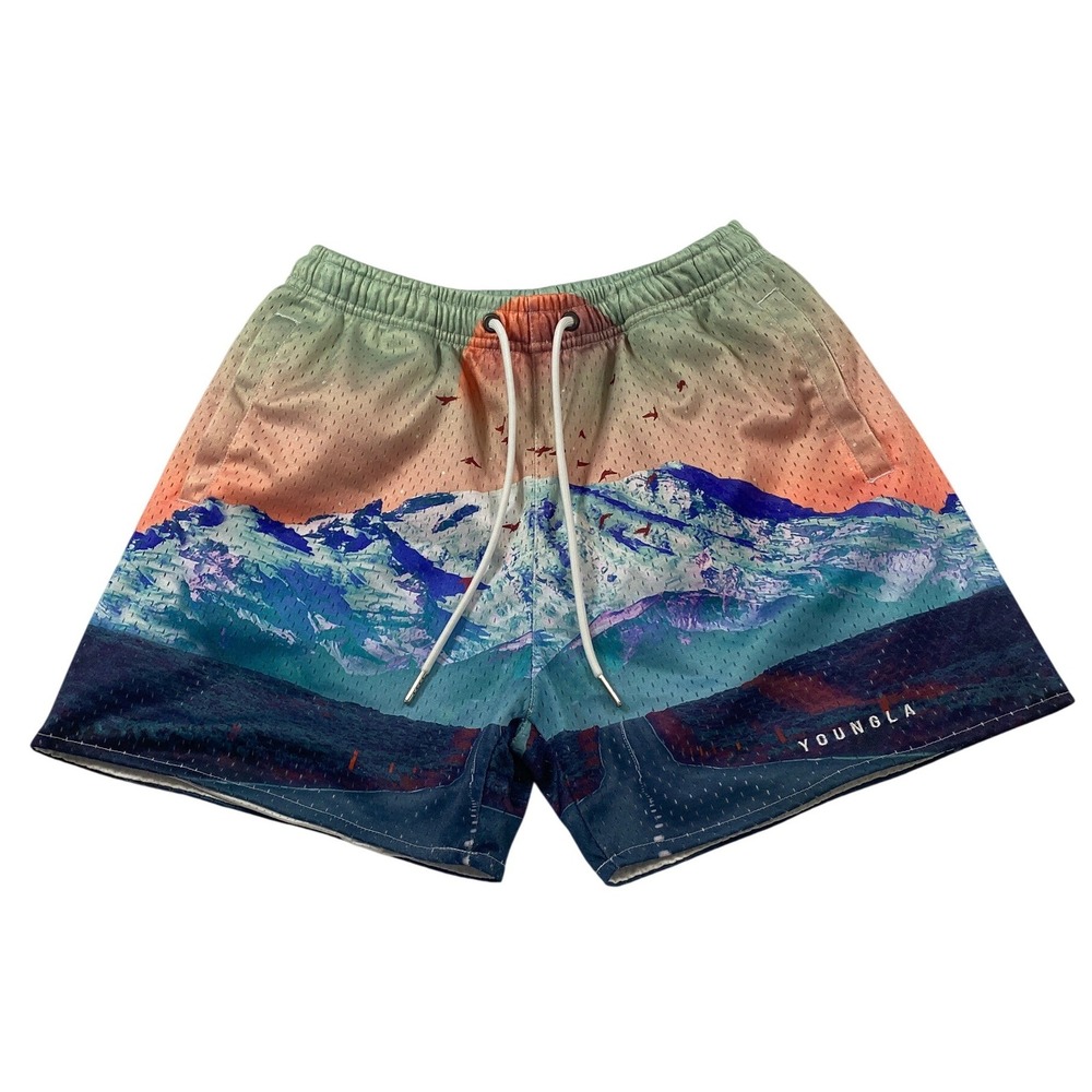 YoungLA Mountain Landscape Mesh Gym Shorts Small Blue Orange‎ Sunset Birds 5in